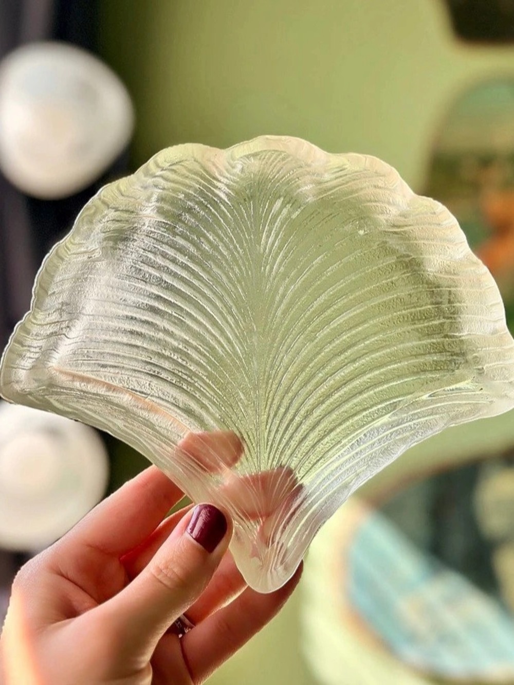 Frosted Glass Ginkgo Leaf Vintage Trinket Dish